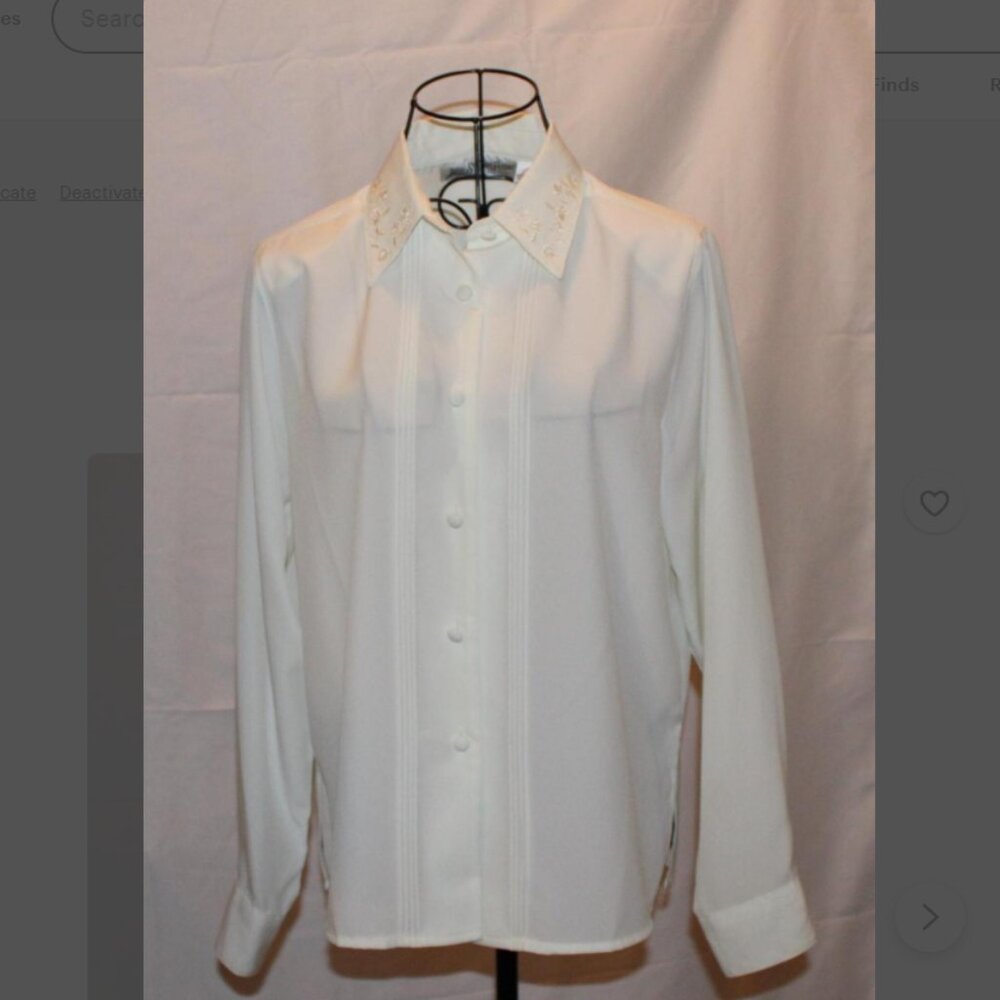 Vintage 80's White Satin Blouse Embroidered Collar Size 10 Petite Yves St Claire